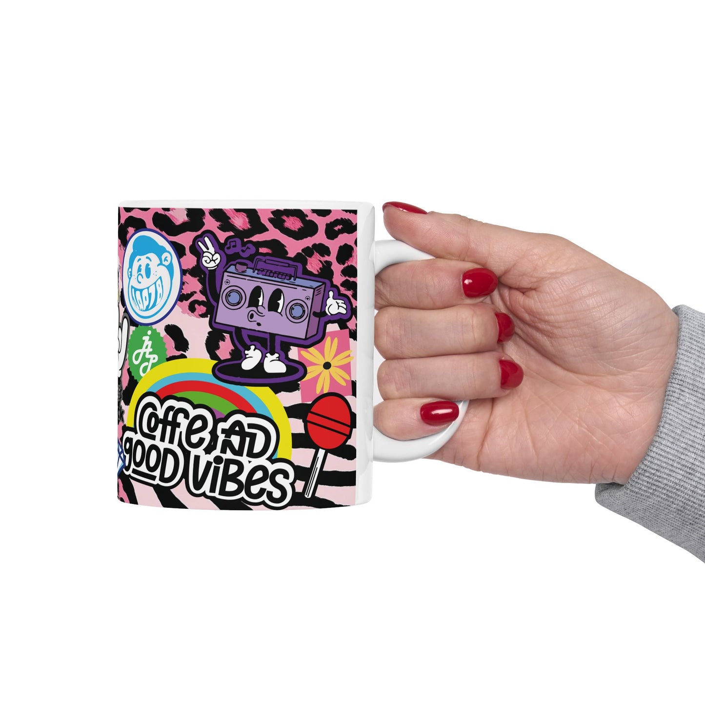 Sticker Collage Ceramic Mug — Retro Rainbow, Cute Icons & "Coffee Good" Cafe Art (11oz/15oz)