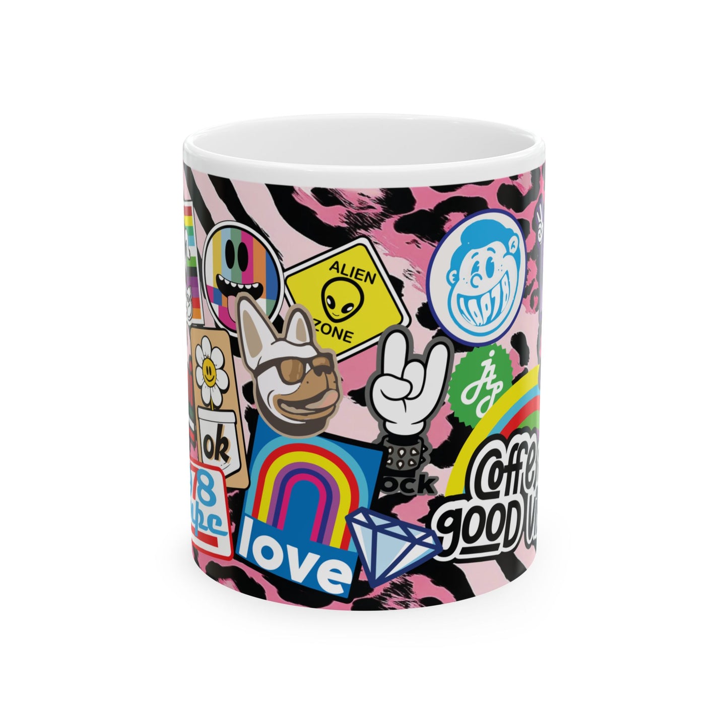 Sticker Collage Ceramic Mug — Retro Rainbow, Cute Icons & "Coffee Good" Cafe Art (11oz/15oz)