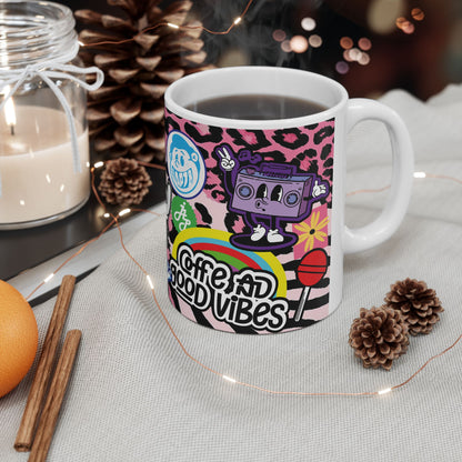 Sticker Collage Ceramic Mug — Retro Rainbow, Cute Icons & "Coffee Good" Cafe Art (11oz/15oz)