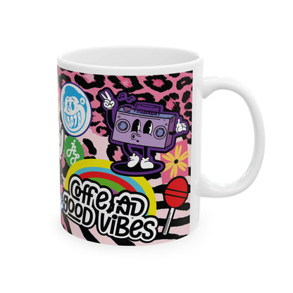 Sticker Collage Ceramic Mug — Retro Rainbow, Cute Icons & "Coffee Good" Cafe Art (11oz/15oz)