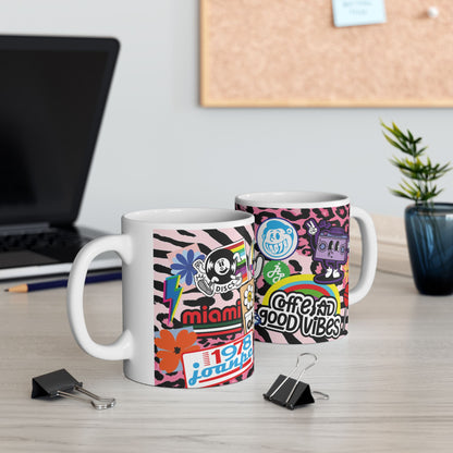 Sticker Collage Ceramic Mug — Retro Rainbow, Cute Icons & "Coffee Good" Cafe Art (11oz/15oz)