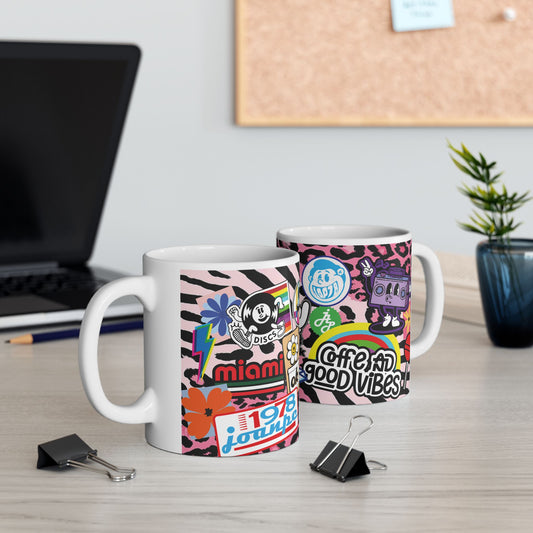 Sticker Collage Ceramic Mug — Retro Rainbow, Cute Icons & "Coffee Good" Cafe Art (11oz/15oz)