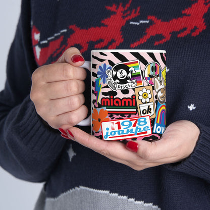 Sticker Collage Ceramic Mug — Retro Rainbow, Cute Icons & "Coffee Good" Cafe Art (11oz/15oz)