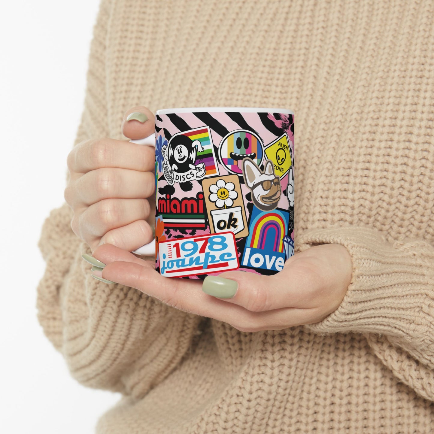 Sticker Collage Ceramic Mug — Retro Rainbow, Cute Icons & "Coffee Good" Cafe Art (11oz/15oz)