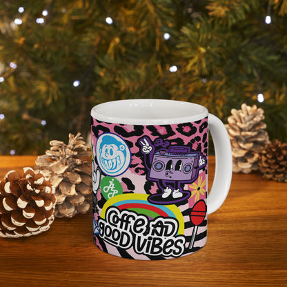 Sticker Collage Ceramic Mug — Retro Rainbow, Cute Icons & "Coffee Good" Cafe Art (11oz/15oz)