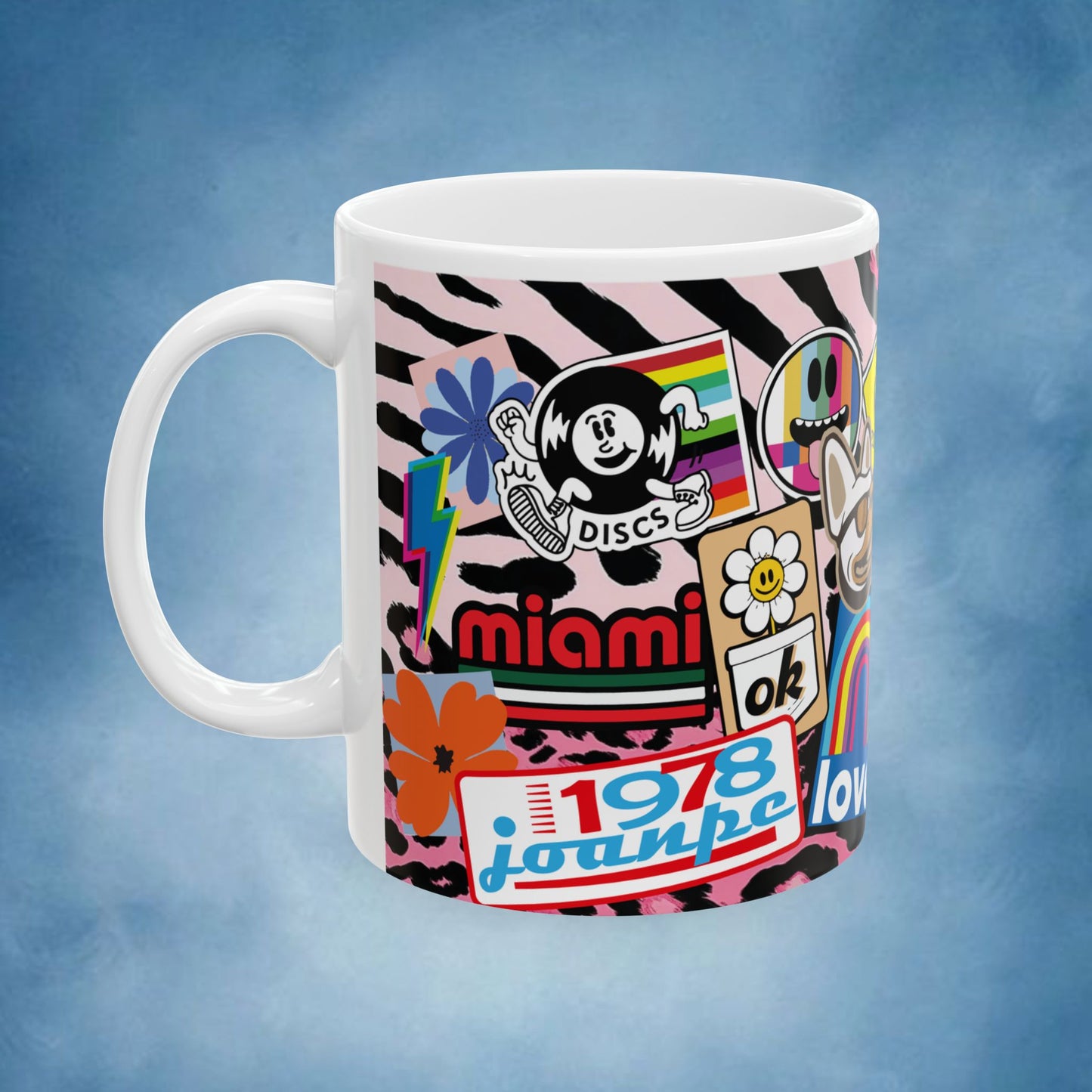 Sticker Collage Ceramic Mug — Retro Rainbow, Cute Icons & "Coffee Good" Cafe Art (11oz/15oz)
