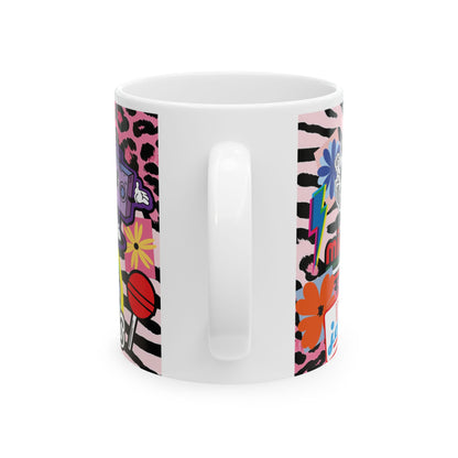 Sticker Collage Ceramic Mug — Retro Rainbow, Cute Icons & "Coffee Good" Cafe Art (11oz/15oz)