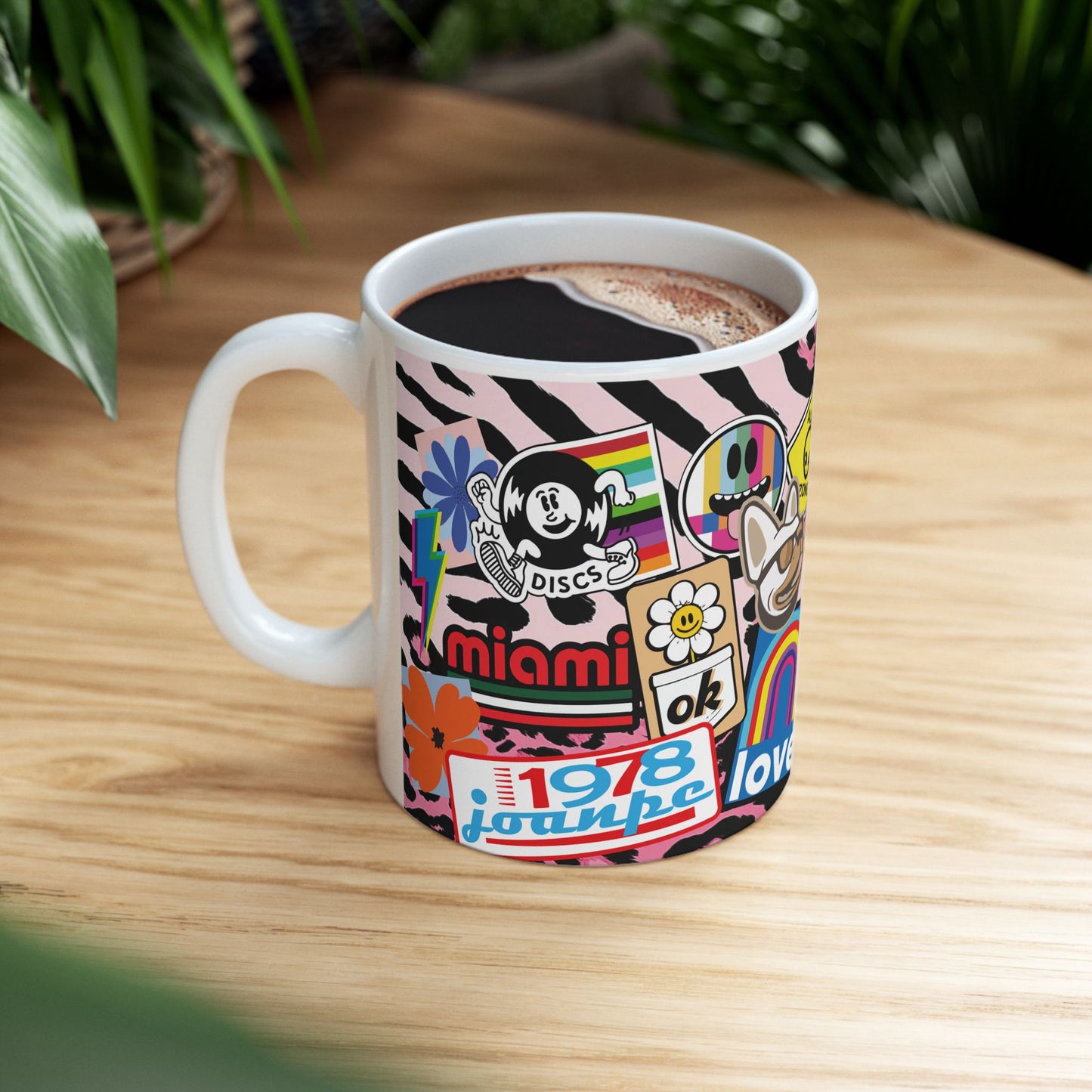 Sticker Collage Ceramic Mug — Retro Rainbow, Cute Icons & "Coffee Good" Cafe Art (11oz/15oz)