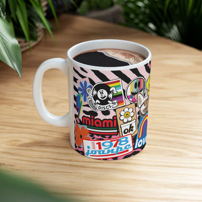 Sticker Collage Ceramic Mug — Retro Rainbow, Cute Icons & "Coffee Good" Cafe Art (11oz/15oz)