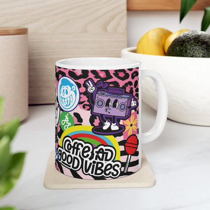 Sticker Collage Ceramic Mug — Retro Rainbow, Cute Icons & "Coffee Good" Cafe Art (11oz/15oz)